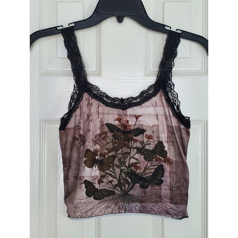 Romwe Cami Tank Top Brown Butterfly Lace Trim Y2K Fairycore Grunge Small